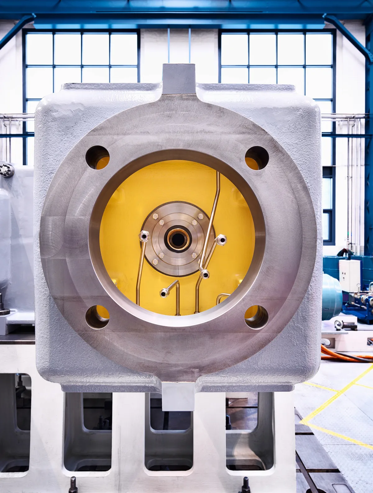 Close-up of a machined compressor housing with internal component, Burckhardt Compression, Winterthur, industrial photography by Scanderbeg Sauer