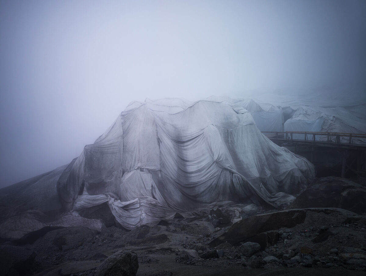 Swiss glacier photography. Close-up of white insulating blankets on the Rhône glacier ice grotto, Eternal Ice, Rhône, Uri Alps, Switzerland, landscape photography by Scanderbeg Sauer