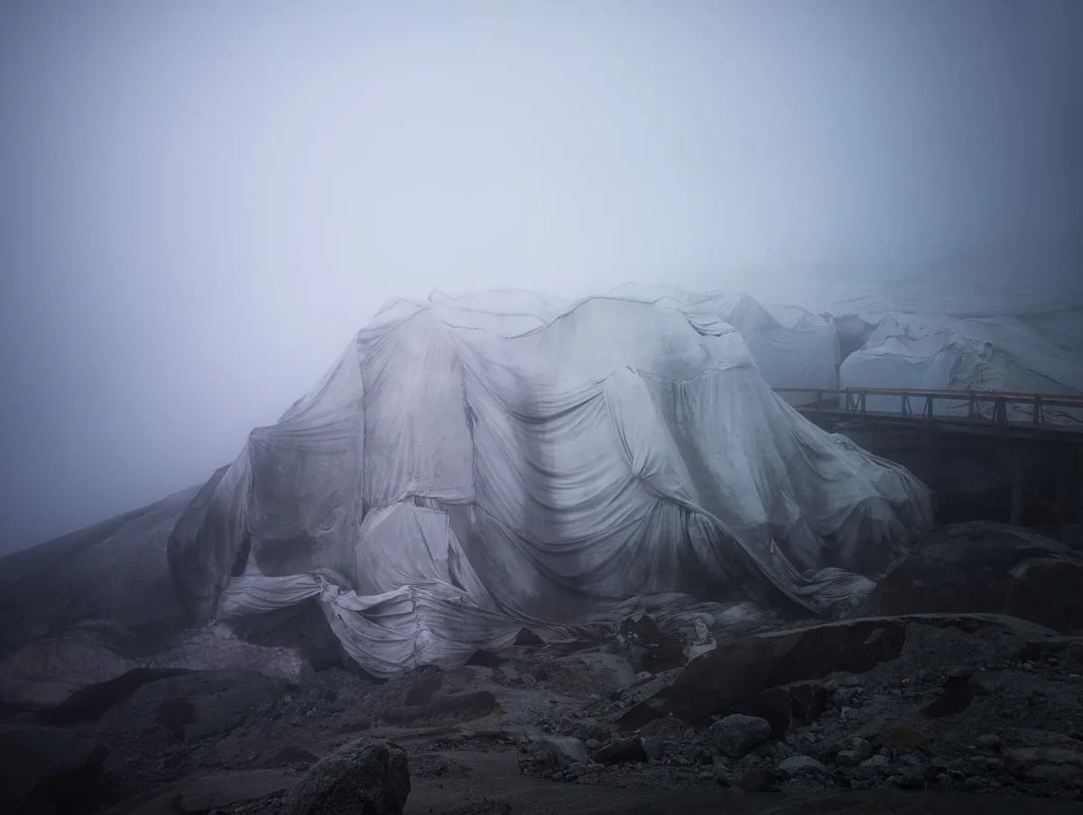Swiss glacier photography. Close-up of white insulating blankets on the Rhône glacier ice grotto, Eternal Ice, Rhône, Uri Alps, Switzerland, landscape photography by Scanderbeg Sauer