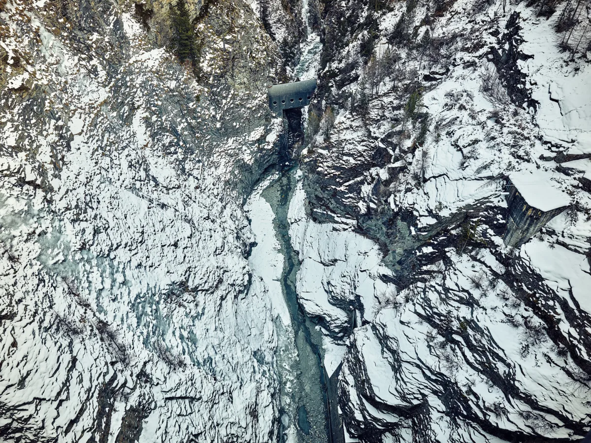 Aerial view of a snow-covered glacier, Eternal Ice, Zmutt, Switzerland, landscape photography by Scanderbeg Sauer