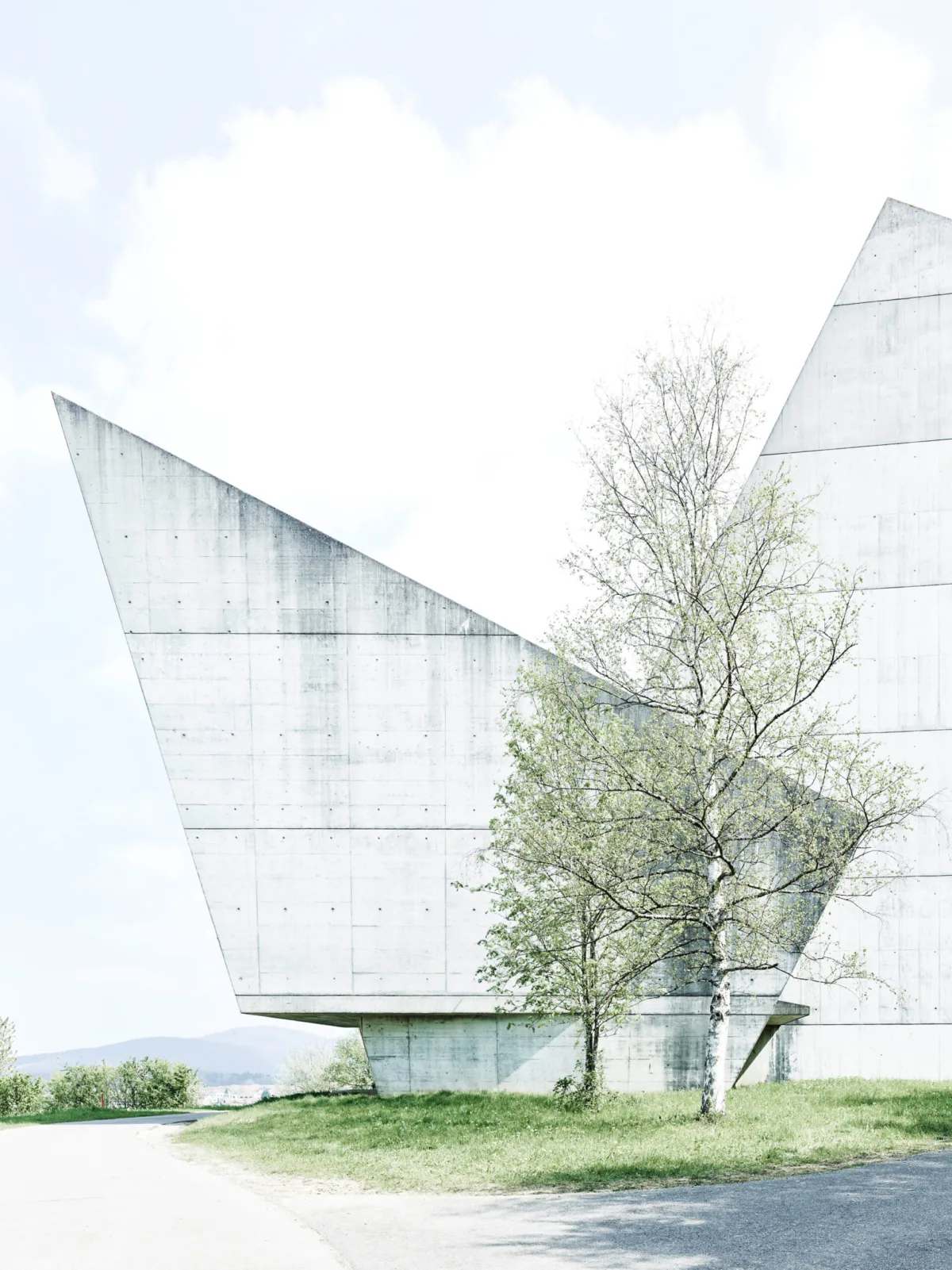 Tunnelportal aus Beton mit Baum, Transjurane A16, Jura, Schweiz, Architekturfotografie von Scanderbeg Sauer