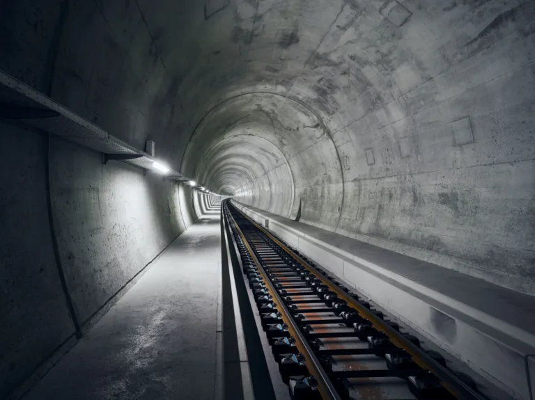 Tunnelröhre mit verlegtem Gleis, Ceneri-Basistunnel, Tessin, Schweiz, Infrastrukturfotografie von Scanderbeg Sauer