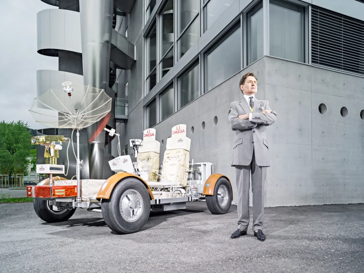 Editorial portrait of Nicholas Foulkes with Lunar Roving Vehicle, Omega, London, UK, portrait photography by Scanderbeg Sauer
