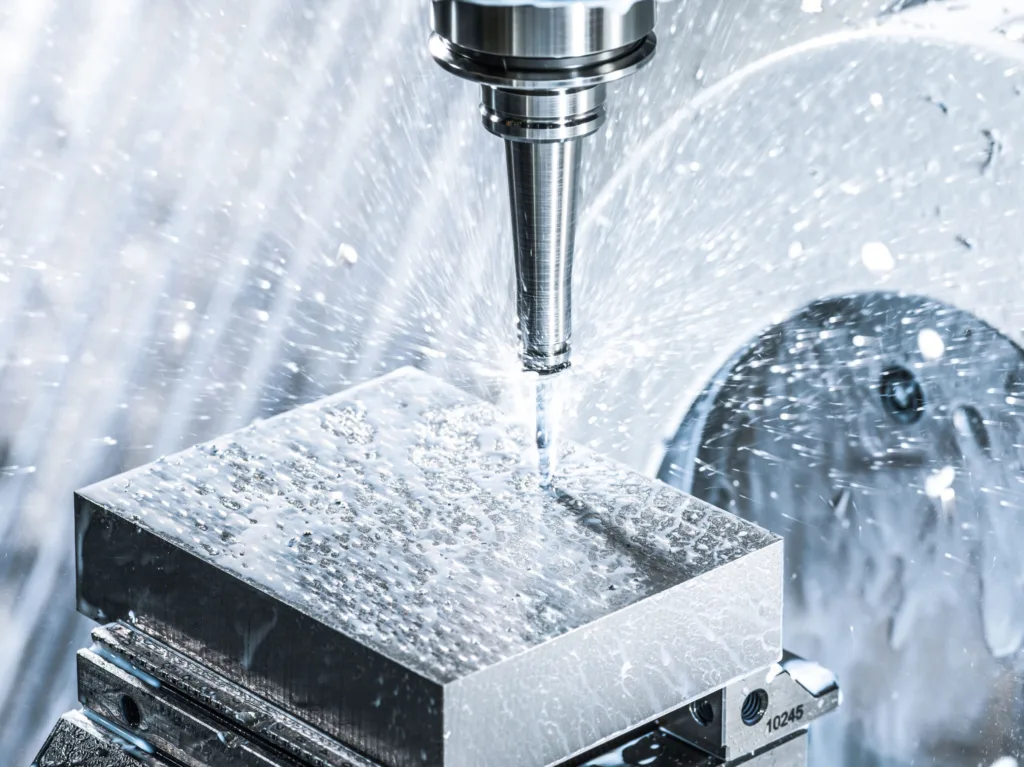 CNC-Fräsen mit Kühlmittel bei Rego-Fix Tenniken, Industriefotografie von Scanderbeg Sauer