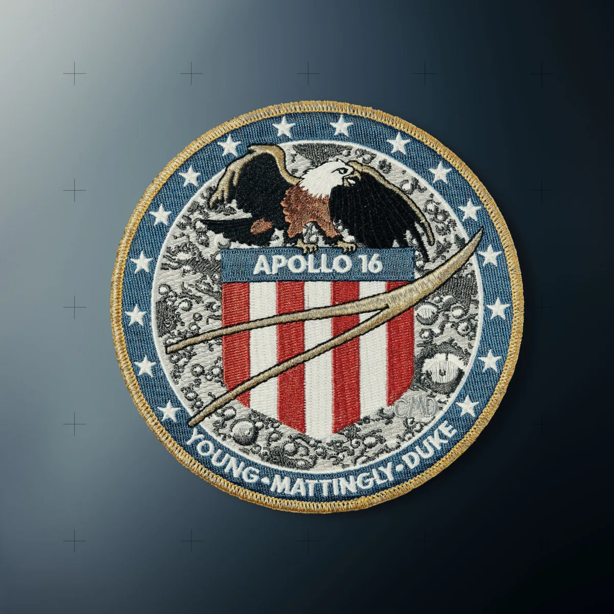 Apollo 16 mission patch, Charlie Duke, UK, still life photography by Scanderbeg Sauer