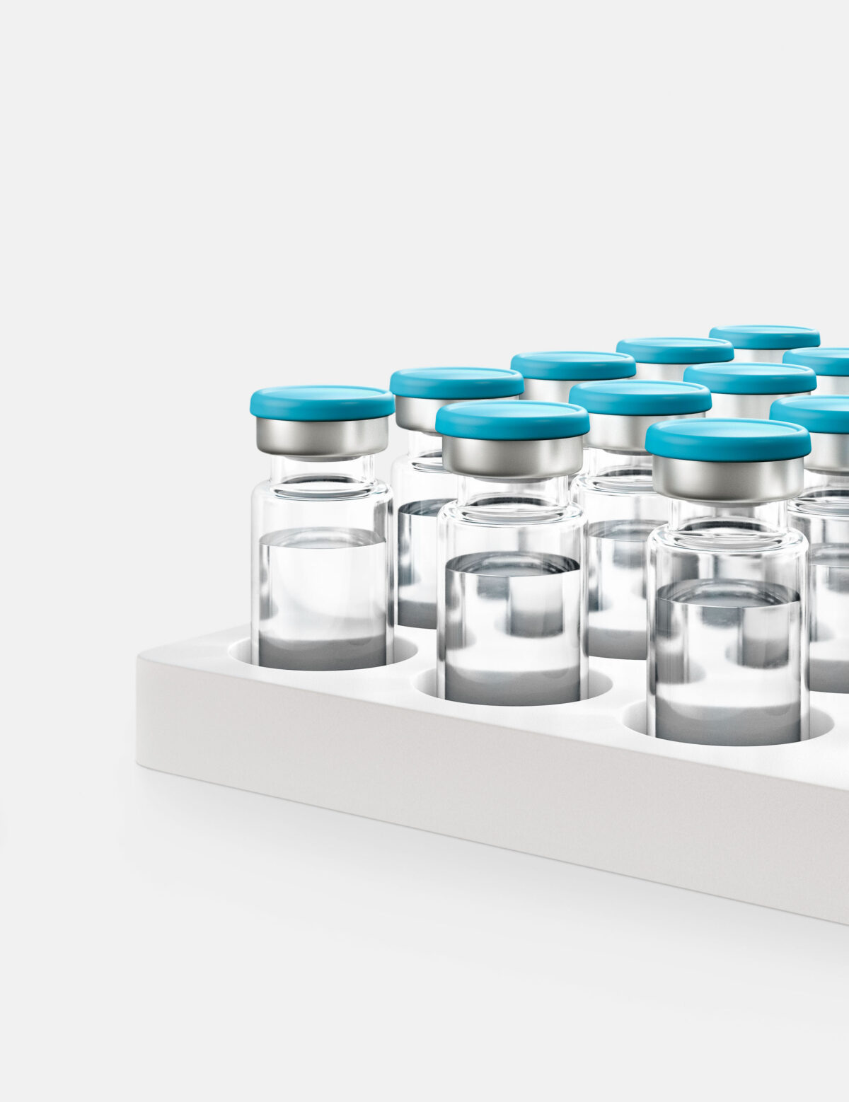 Capped glass vials with blue flip-off seals, photorealistic CGI still life photography, Datwyler, Italy, by Scanderbeg Sauer