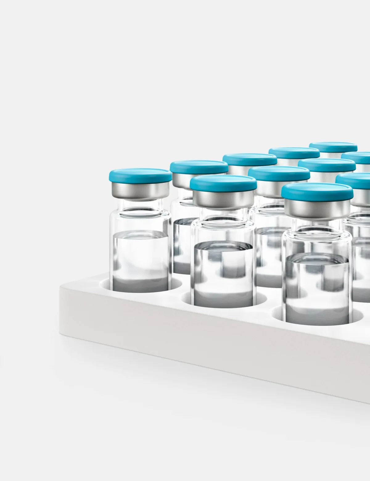 Capped glass vials with blue flip-off seals, photorealistic CGI still life photography, Datwyler, Italy, by Scanderbeg Sauer