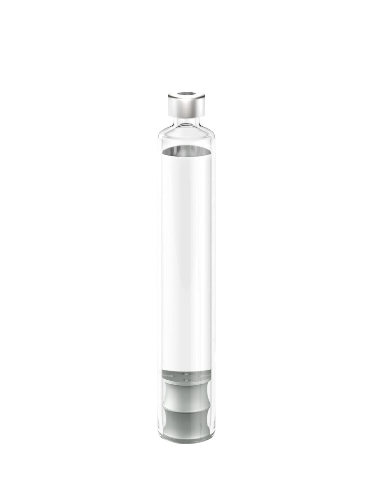 Glass cartridge with rubber plunger and crimped cap, photorealistic CGI still life photography, Datwyler, Italy, by Scanderbeg Sauer