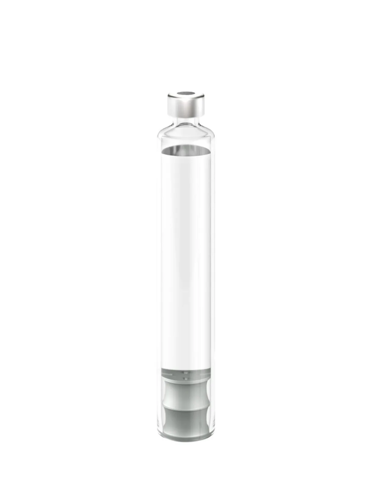 Glass cartridge with rubber plunger and crimped cap, photorealistic CGI still life photography, Datwyler, Italy, by Scanderbeg Sauer
