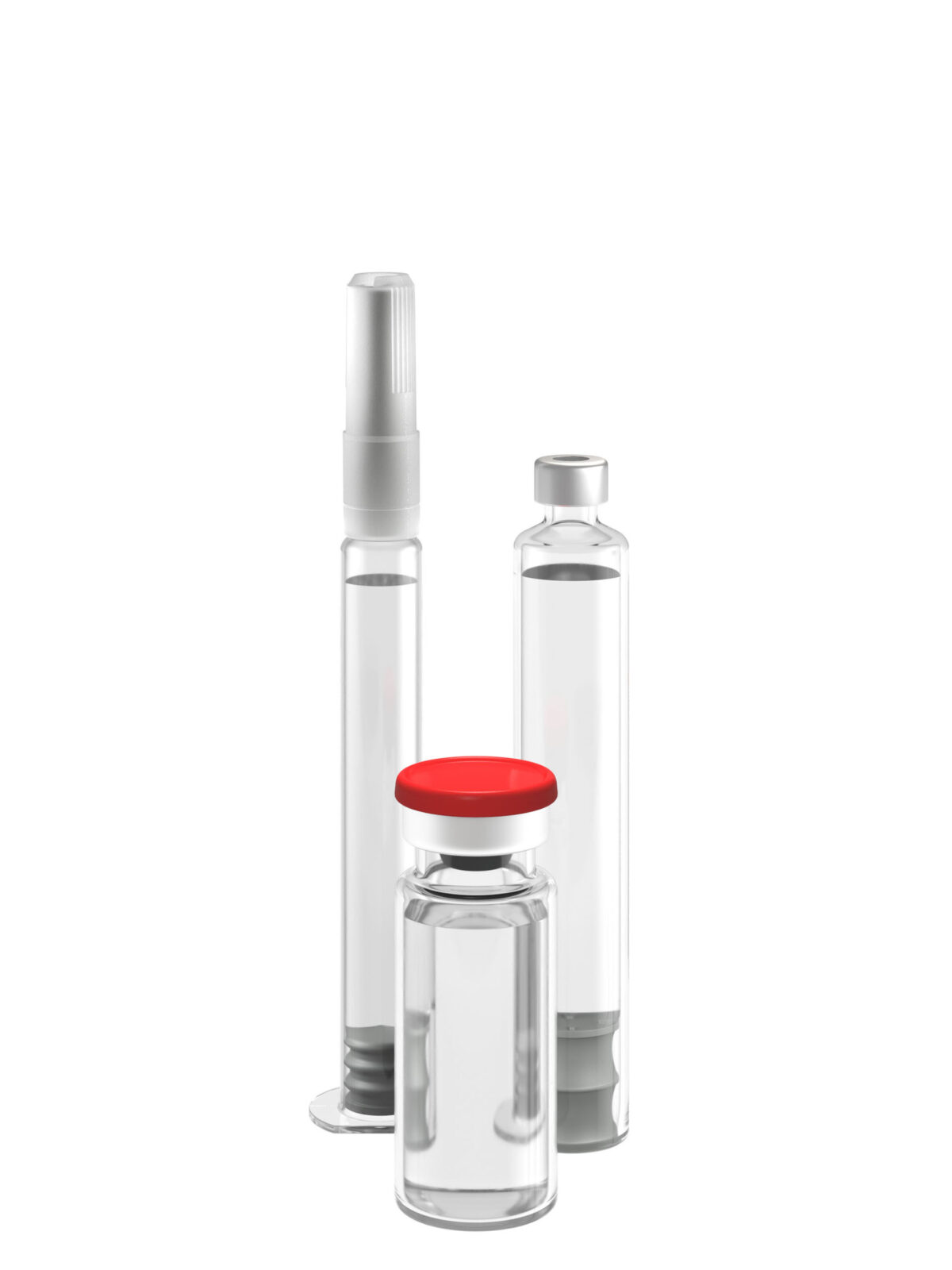 Glass syringe, cartridge and sealed vial, photorealistic CGI still life photography, Datwyler, Italy, by Scanderbeg Sauer