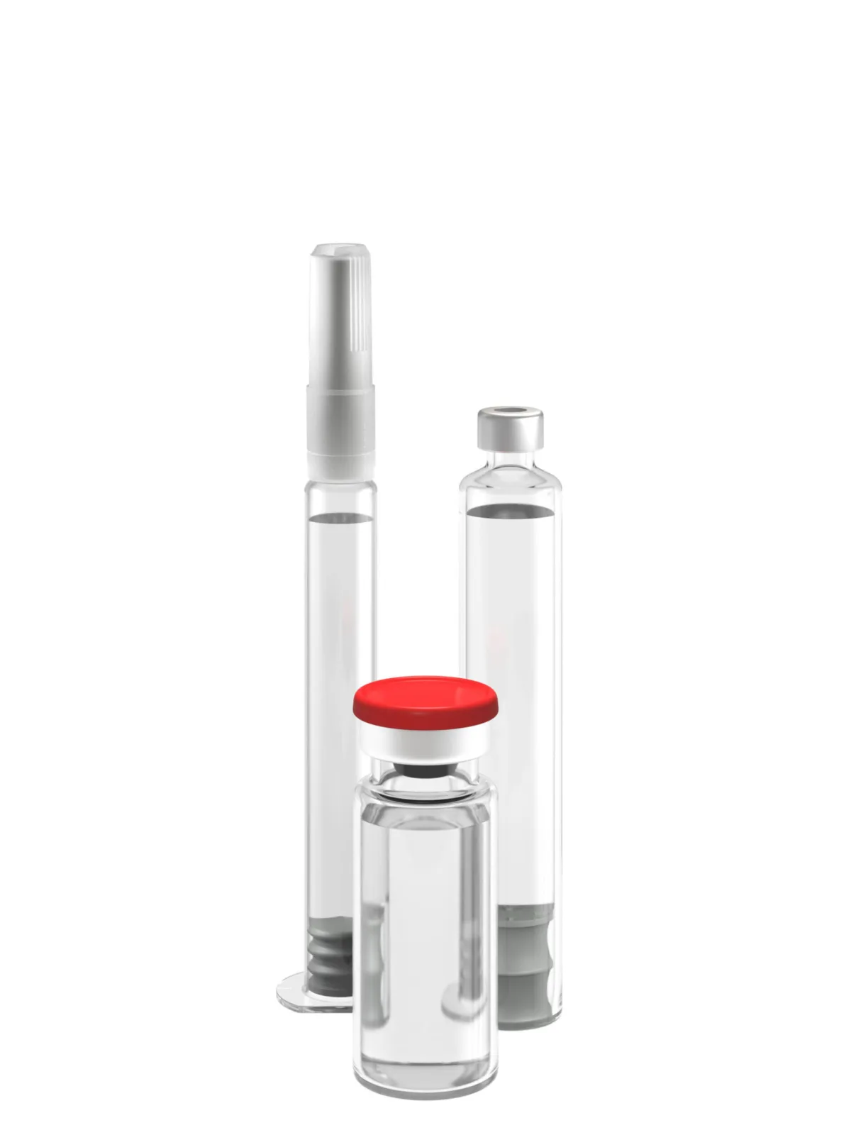 Glass syringe, cartridge and sealed vial, photorealistic CGI still life photography, Datwyler, Italy, by Scanderbeg Sauer