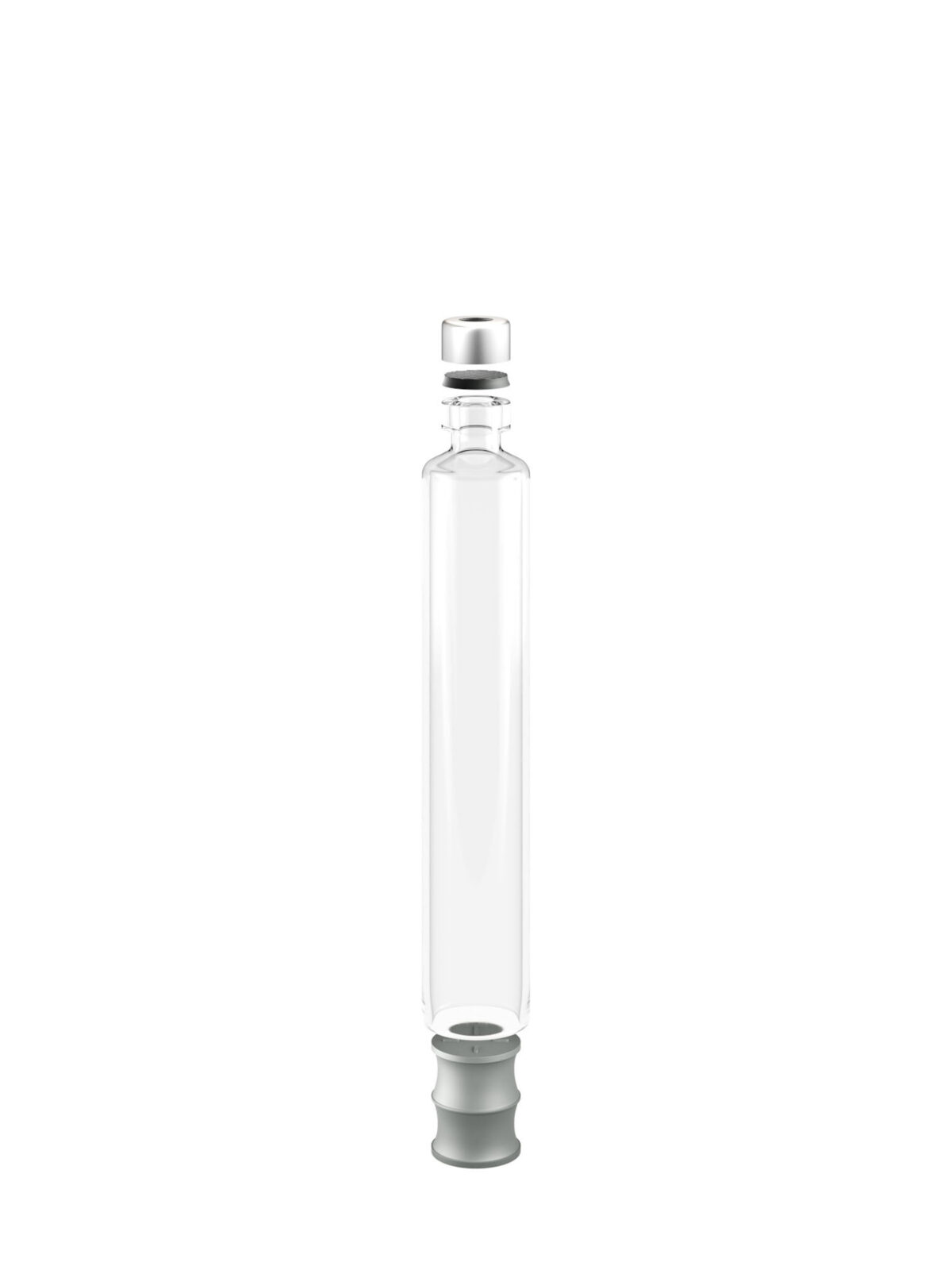 Empty glass cartridge with crimped cap and plunger, photorealistic CGI still life photography, Datwyler, Italy, by Scanderbeg Sauer