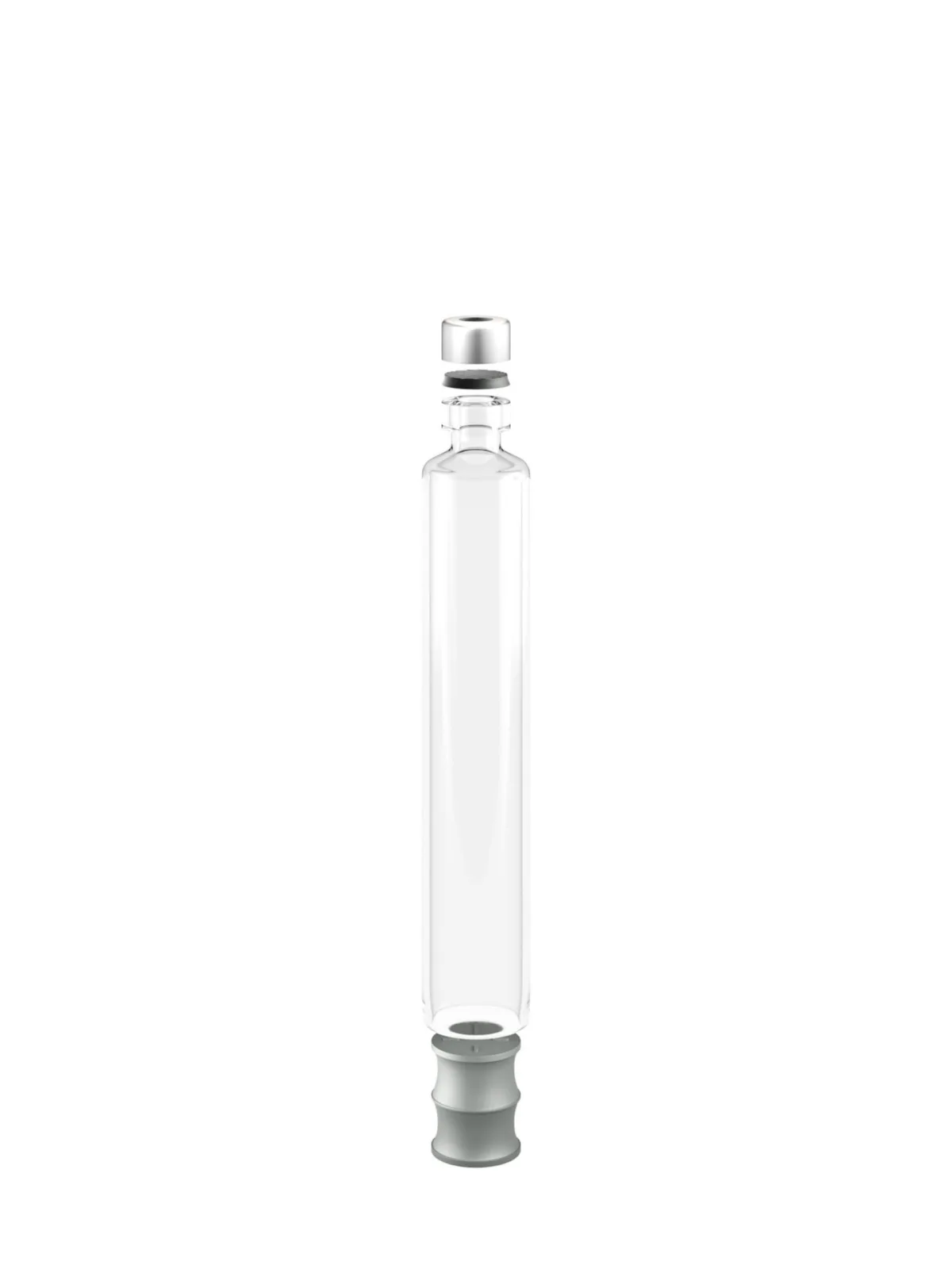 Empty glass cartridge with crimped cap and plunger, photorealistic CGI still life photography, Datwyler, Italy, by Scanderbeg Sauer