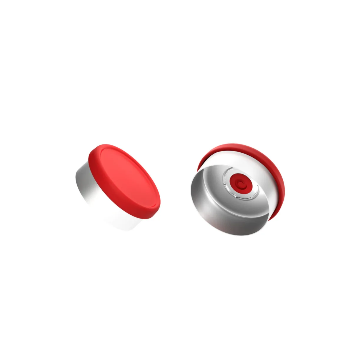 Red flip-off cap with aluminium seal, photorealistic CGI still life photography, Datwyler, Italy, by Scanderbeg Sauer
