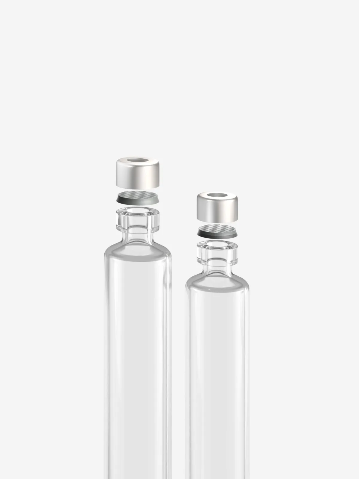 Glass cartridges with crimped aluminium caps, photorealistic CGI still life photography, Datwyler, Italy, by Scanderbeg Sauer
