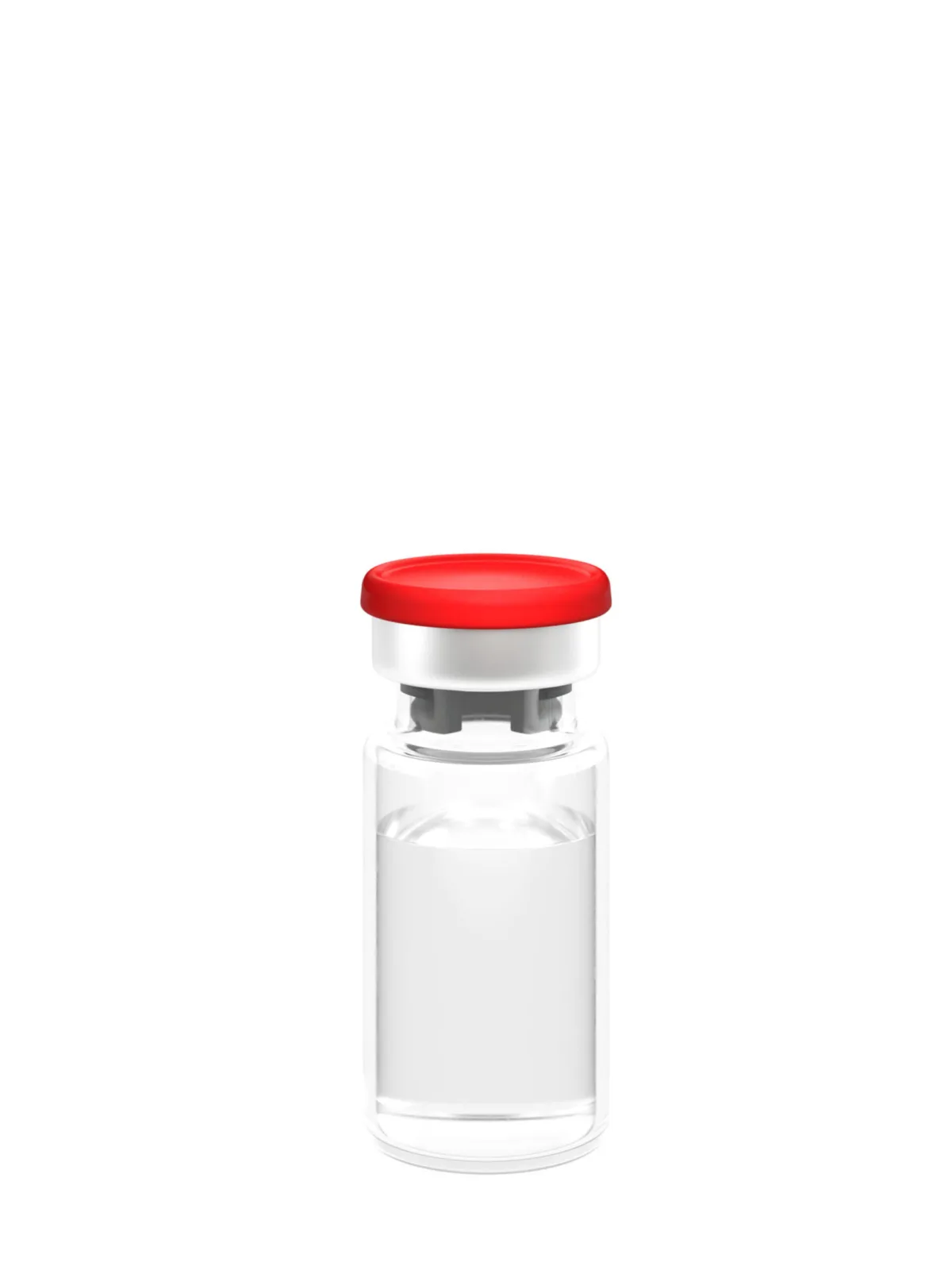 Sealed glass vial with red flip-off cap, photorealistic CGI still life photography, Datwyler, Italy, by Scanderbeg Sauer