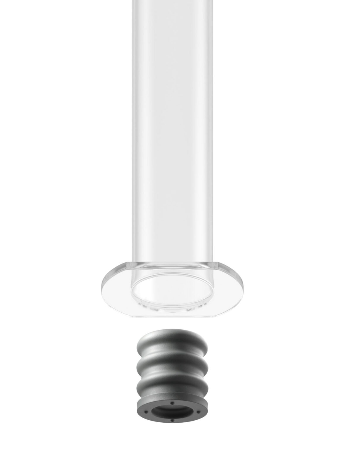 Ribbed syringe piston and glass barrel, photorealistic CGI still life photography, Datwyler, Italy, by Scanderbeg Sauer