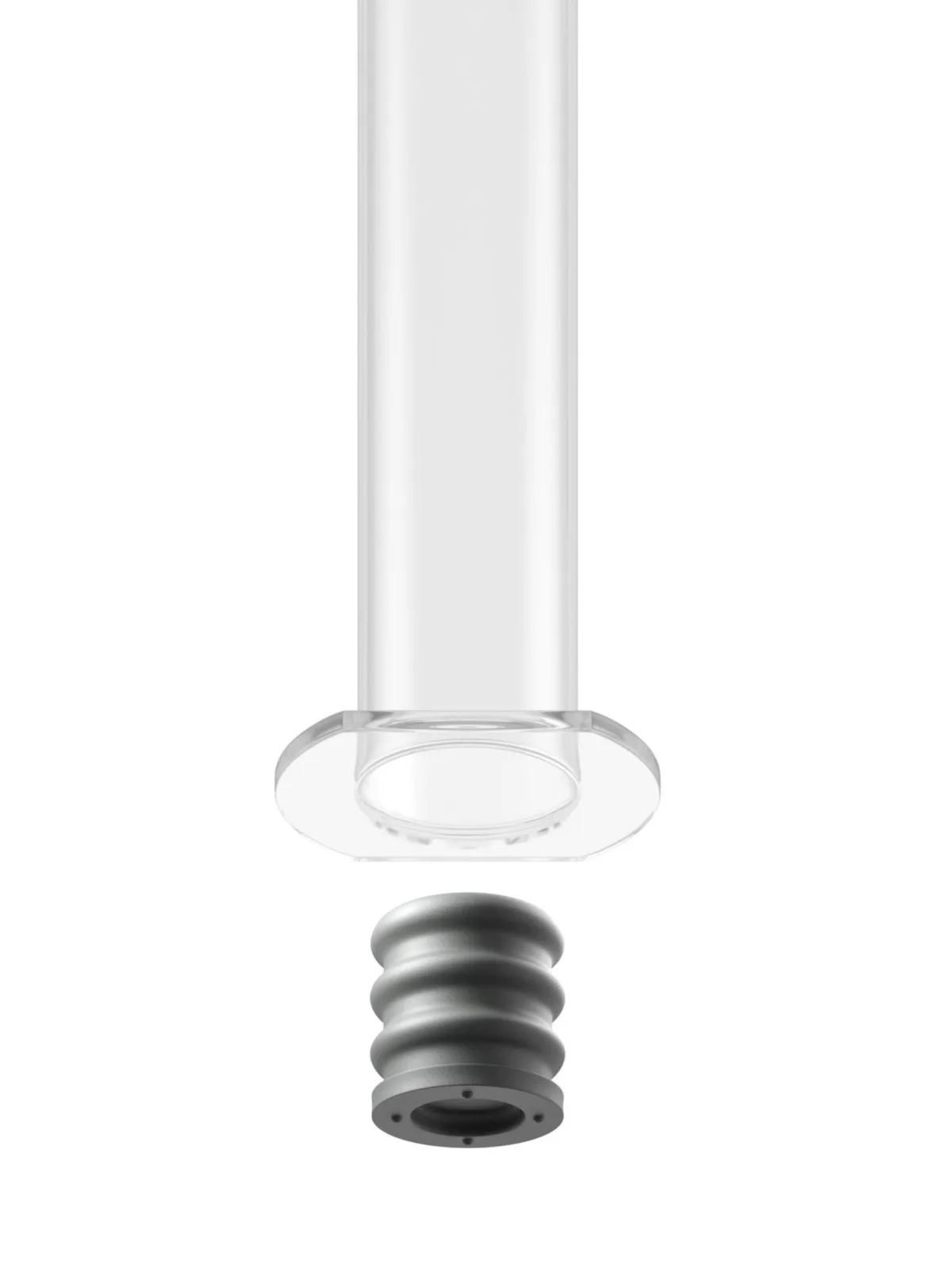 Ribbed syringe piston and glass barrel, photorealistic CGI still life photography, Datwyler, Italy, by Scanderbeg Sauer