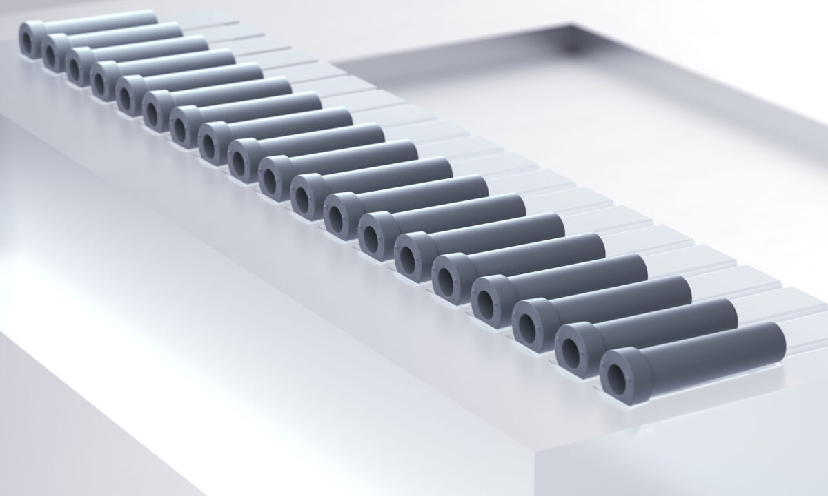 Syringe plungers in a row, photorealistic CGI still life photography, Datwyler, Italy, by Scanderbeg Sauer