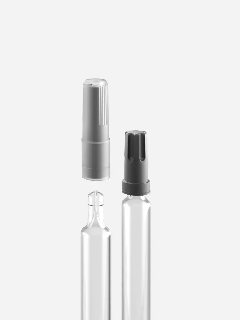 Prefillable syringes with grey tip caps, photorealistic CGI still life photography, Datwyler, Italy, by Scanderbeg Sauer