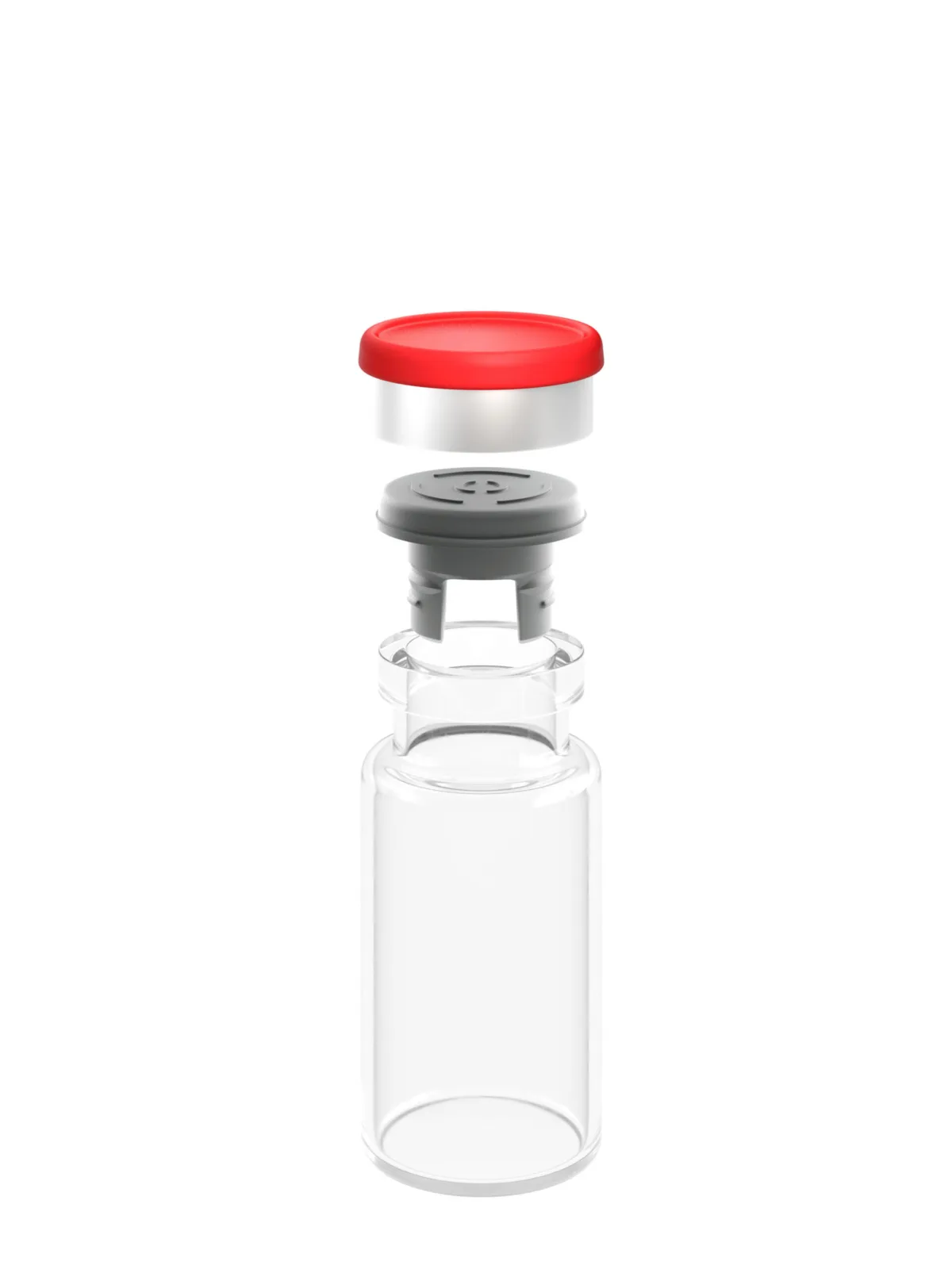 Exploded vial closure with rubber stopper and red flip-off seal, photorealistic CGI still life photography, Datwyler, Italy, by Scanderbeg Sauer