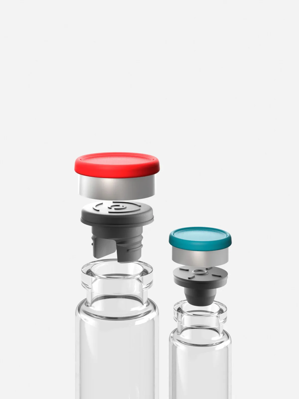 Vial closure systems with rubber stoppers and flip-off seals, photorealistic CGI still life photography, Datwyler, Italy, by Scanderbeg Sauer