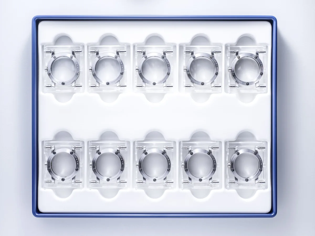 Watchmaking photography, Audemars Piguet Code 11.59 cases in production tray, Le Brassus, by Scanderbeg Sauer