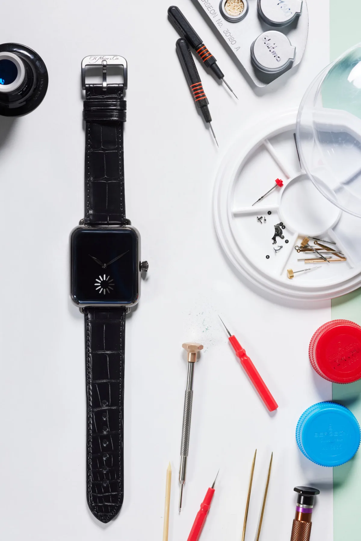 Watchmaking photography, H. Moser & Cie. Swiss Alp Watch components and tools, Schaffhausen, by Scanderbeg Sauer