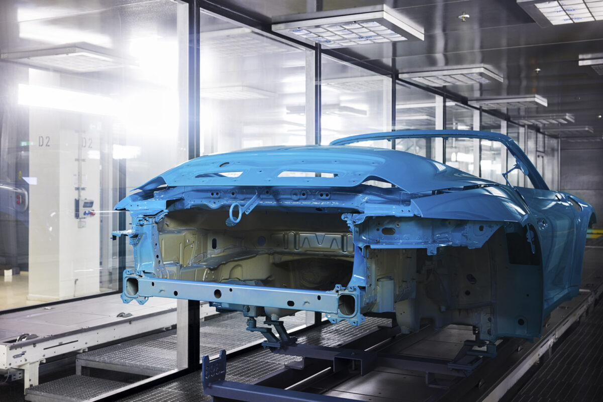 Automotive photography, Porsche 911 Cabriolet body shell in paint booth, Zuffenhausen, automotive photography by Scanderbeg Sauer