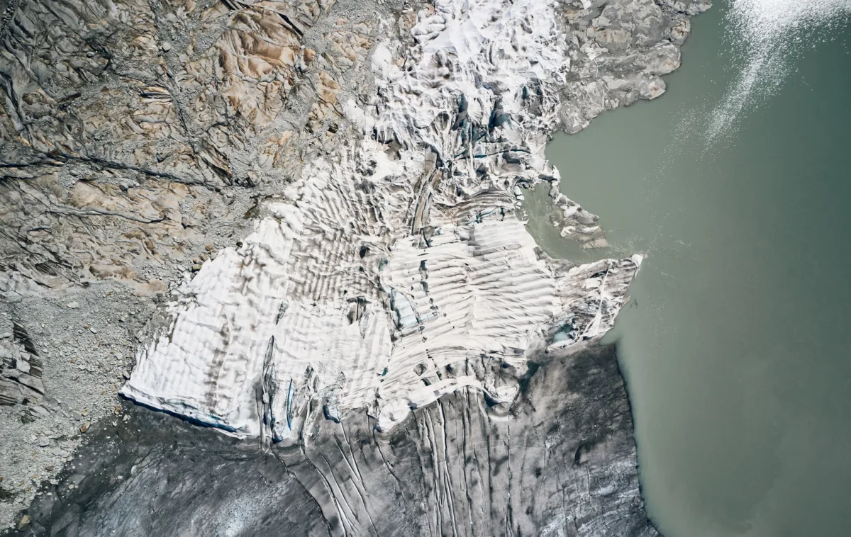 Aerial view of the Rhône glacier with white insulating blankets, Eternal Ice, Rhône, Switzerland, landscape photography by Scanderbeg Sauer