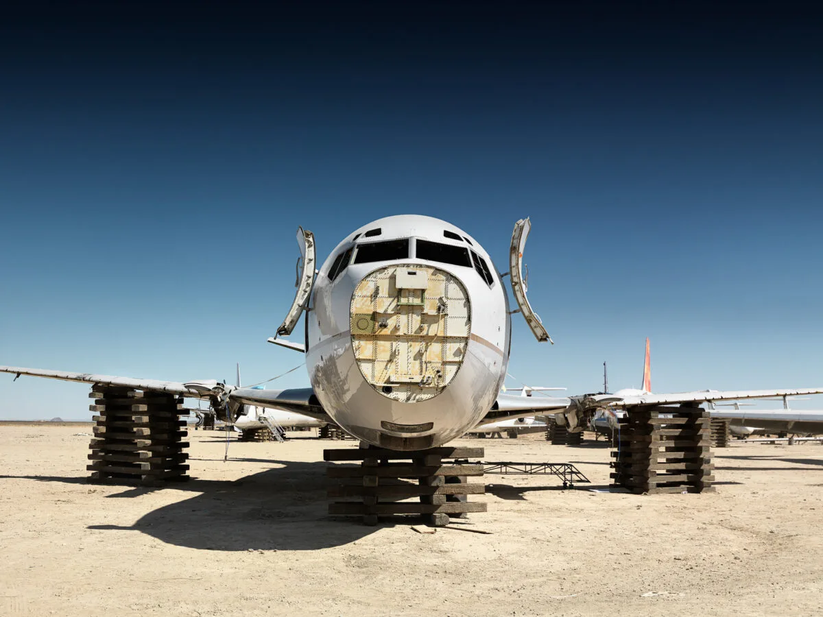 Decommissioned aircraft nose on wooden supports, Mojave Desert, Scanderbeg Sauer – DECOMMISSIONED LGW-MAD