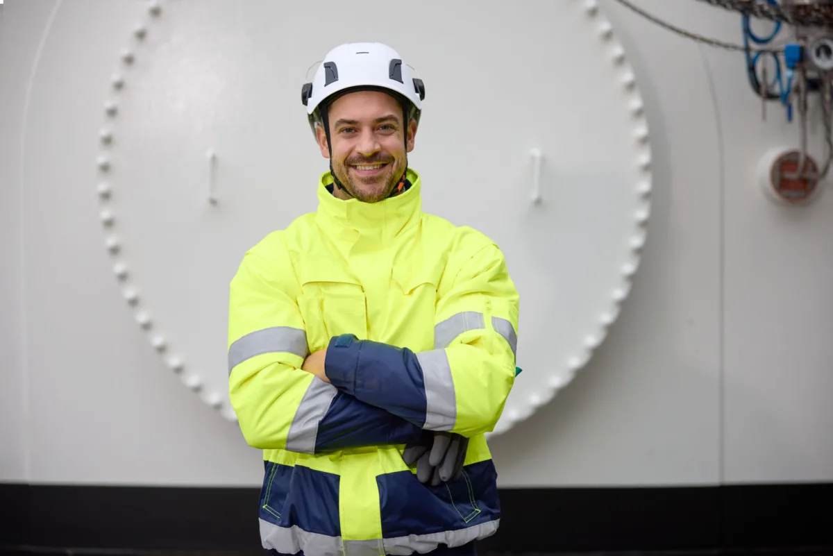 Worker portrait in protective gear at Ambrian Energy Bremen, corporate photography by Scanderbeg Sauer